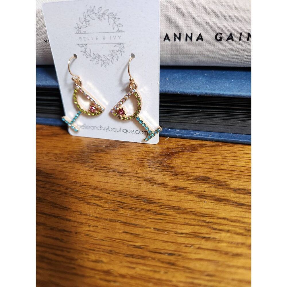 Small Rhinestone Martini Dangle Earrings - Picture 3 of 5